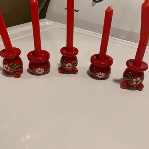 VTG Swedish Red Hand-Painted Floral Wooden Candle Holders - Set of 5